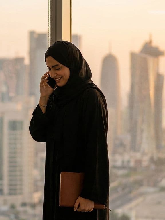 مستشارة في مكالمة عند نافذة المكتب