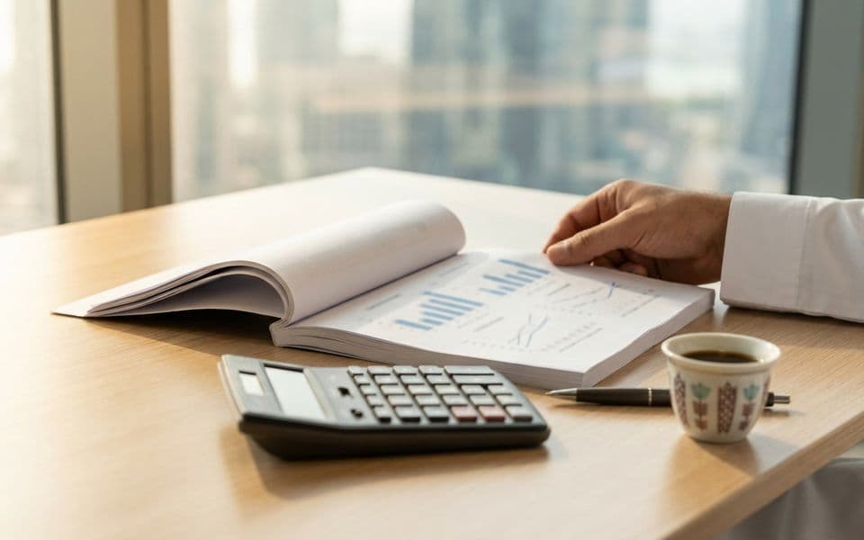 دراسة جدوى مطبوعة وآلة حاسبة على مكتب